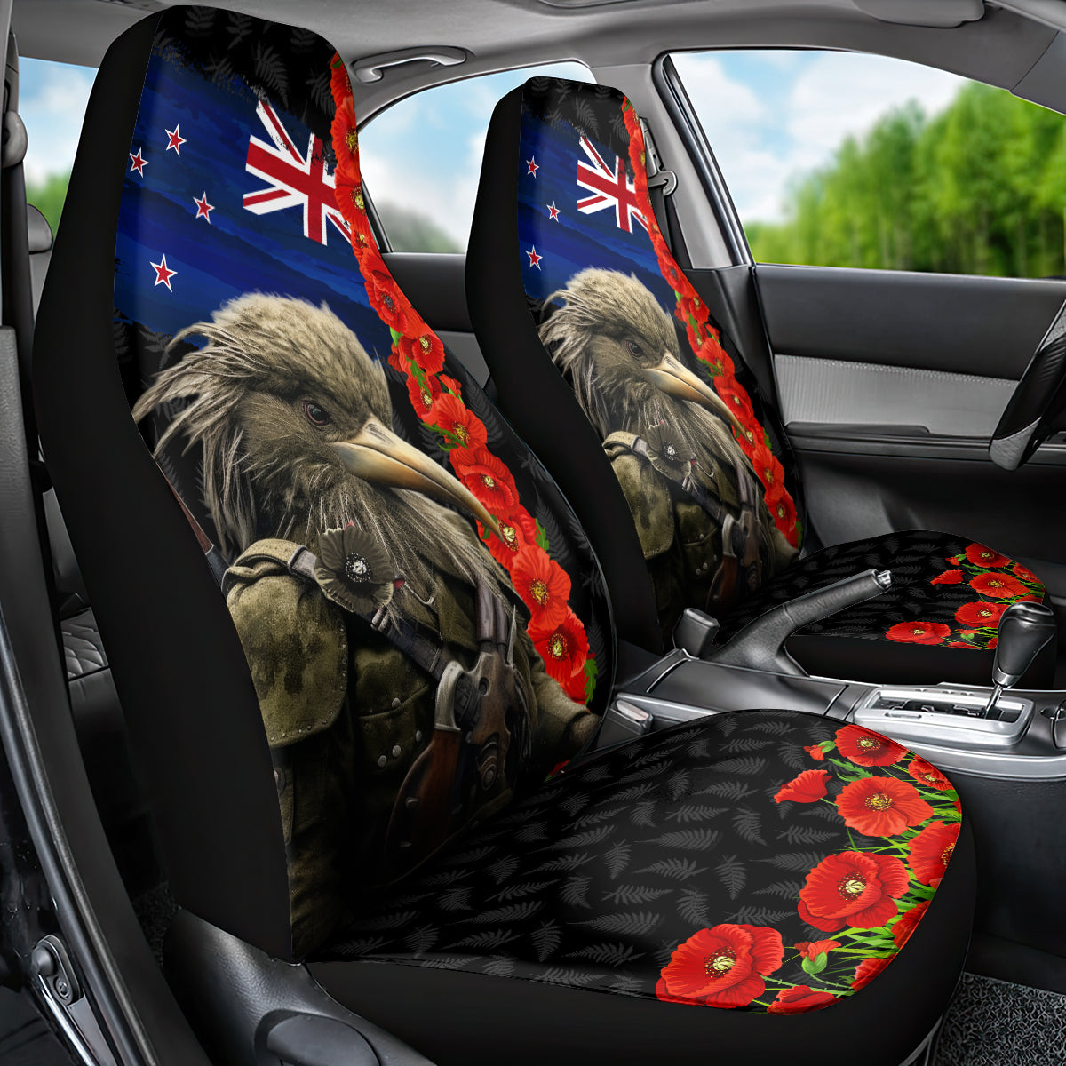 New Zealand Kiwi Soldier ANZAC Car Seat Cover Red Poppy Flower and Silver Fern Pattern