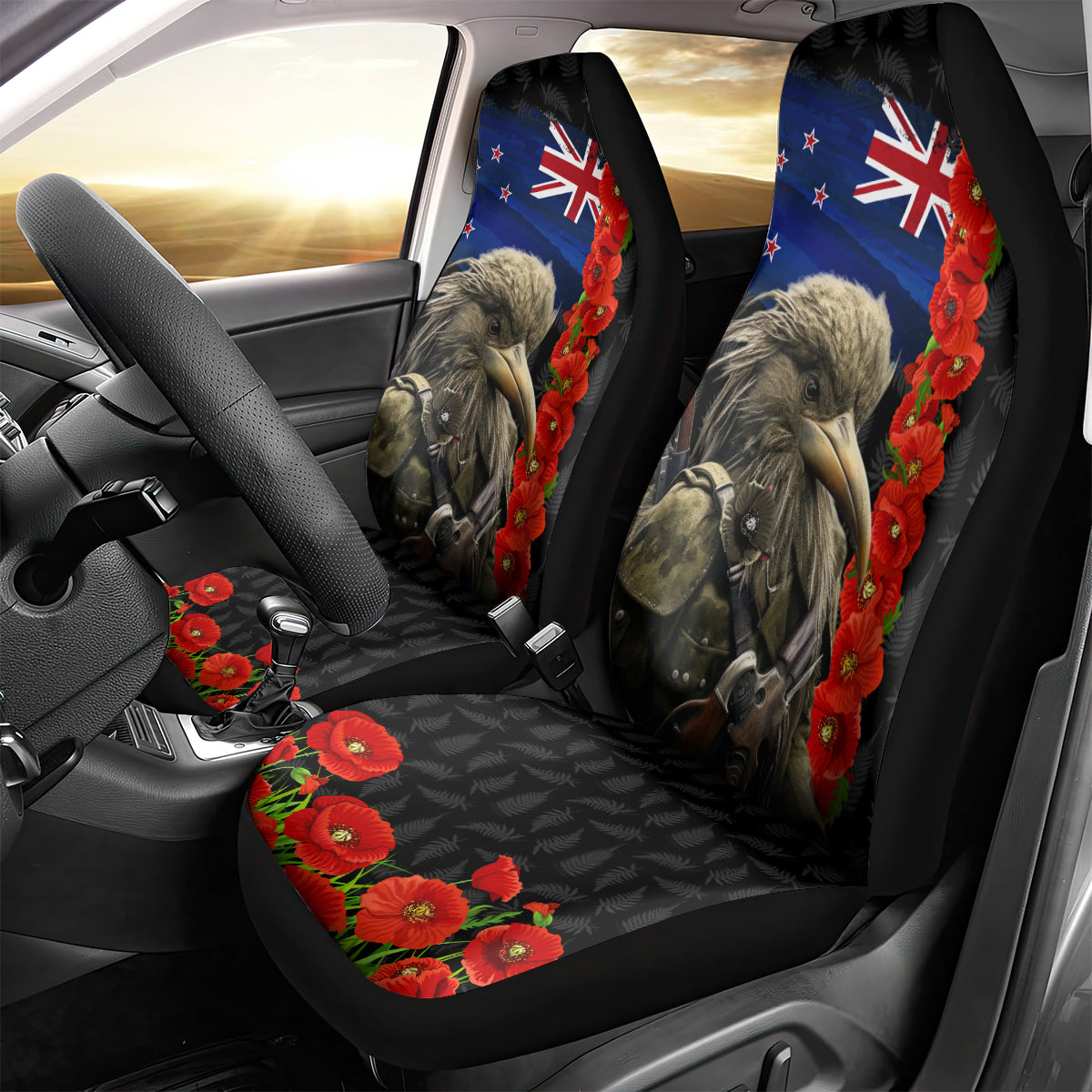 New Zealand Kiwi Soldier ANZAC Car Seat Cover Red Poppy Flower and Silver Fern Pattern