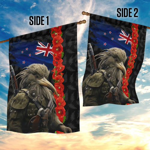 New Zealand Kiwi Soldier ANZAC Garden Flag Red Poppy Flower and Silver Fern Pattern