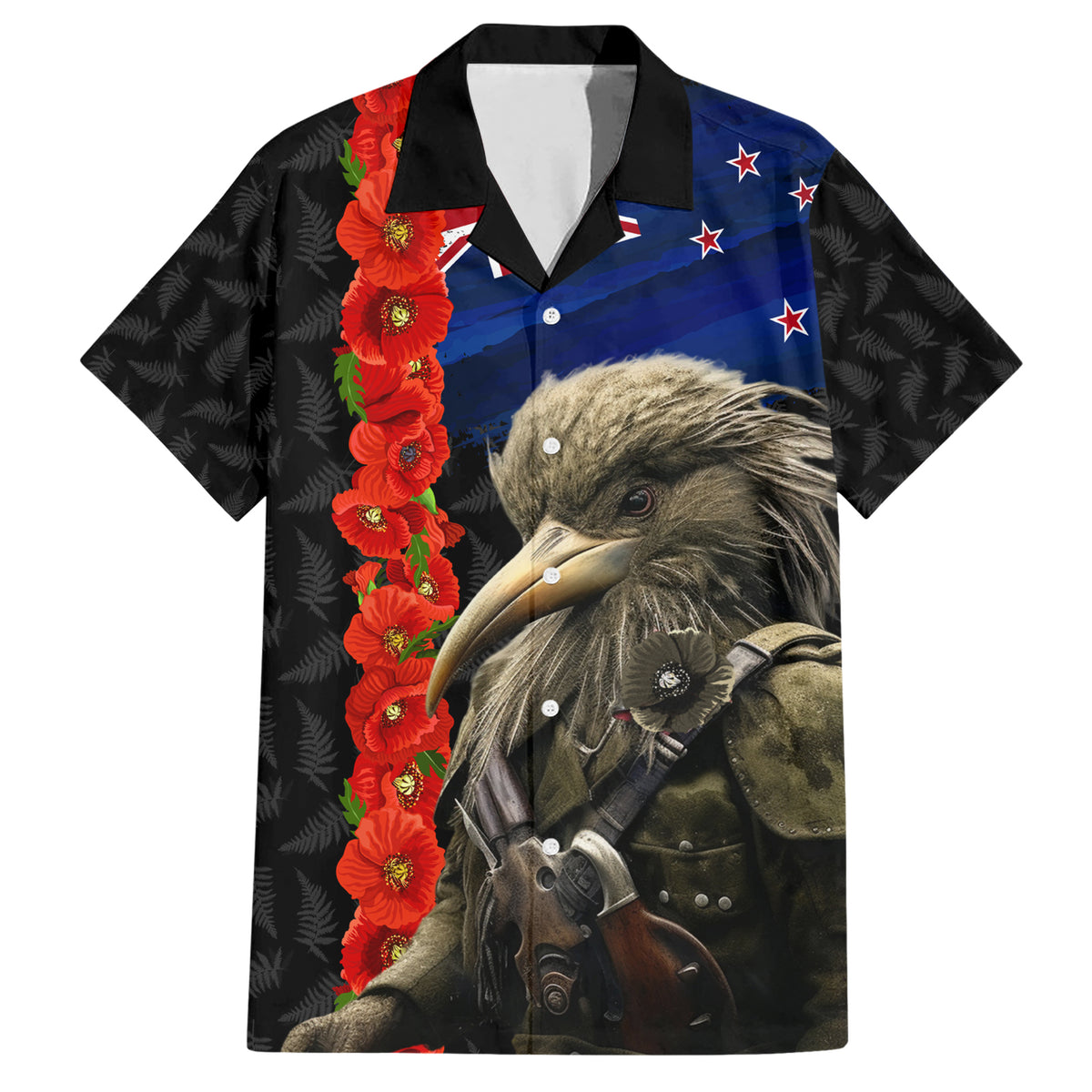 New Zealand Kiwi Soldier ANZAC Hawaiian Shirt Red Poppy Flower and Silver Fern Pattern