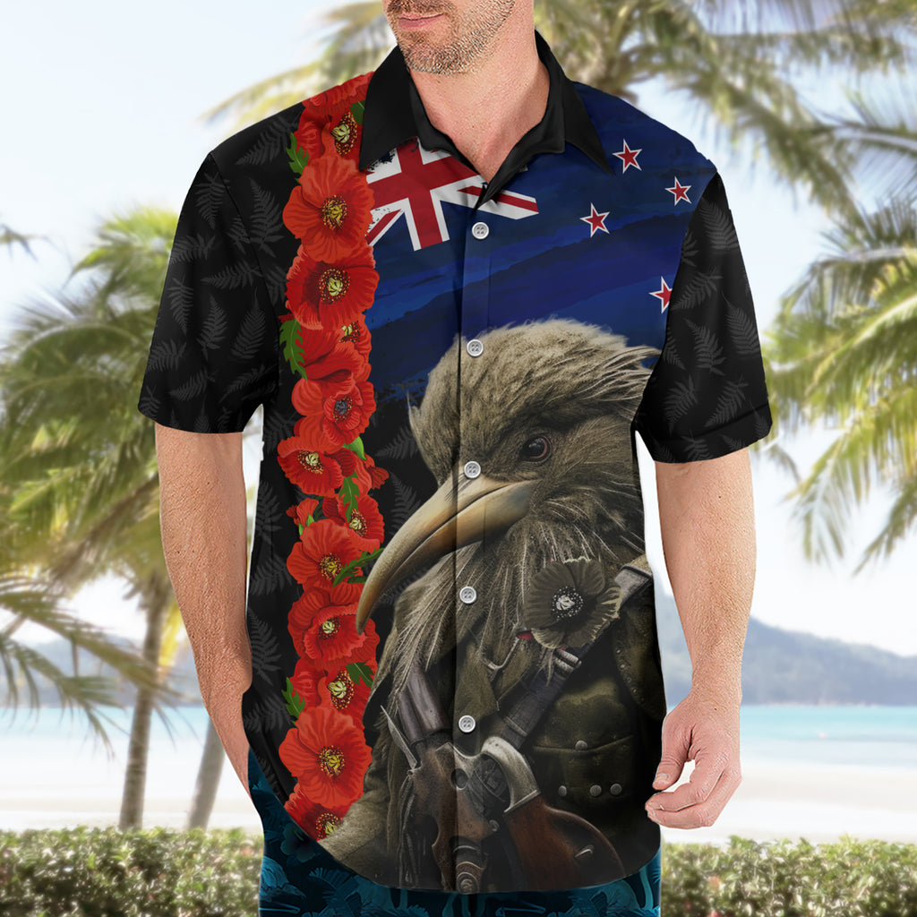 New Zealand Kiwi Soldier ANZAC Hawaiian Shirt Red Poppy Flower and Silver Fern Pattern