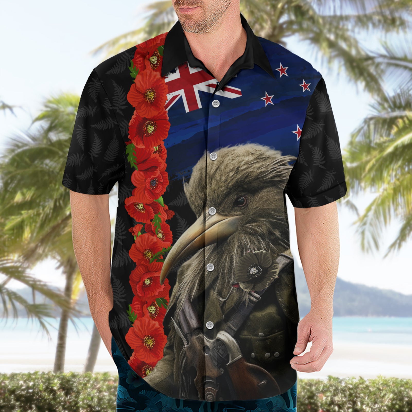 New Zealand Kiwi Soldier ANZAC Hawaiian Shirt Red Poppy Flower and Silver Fern Pattern