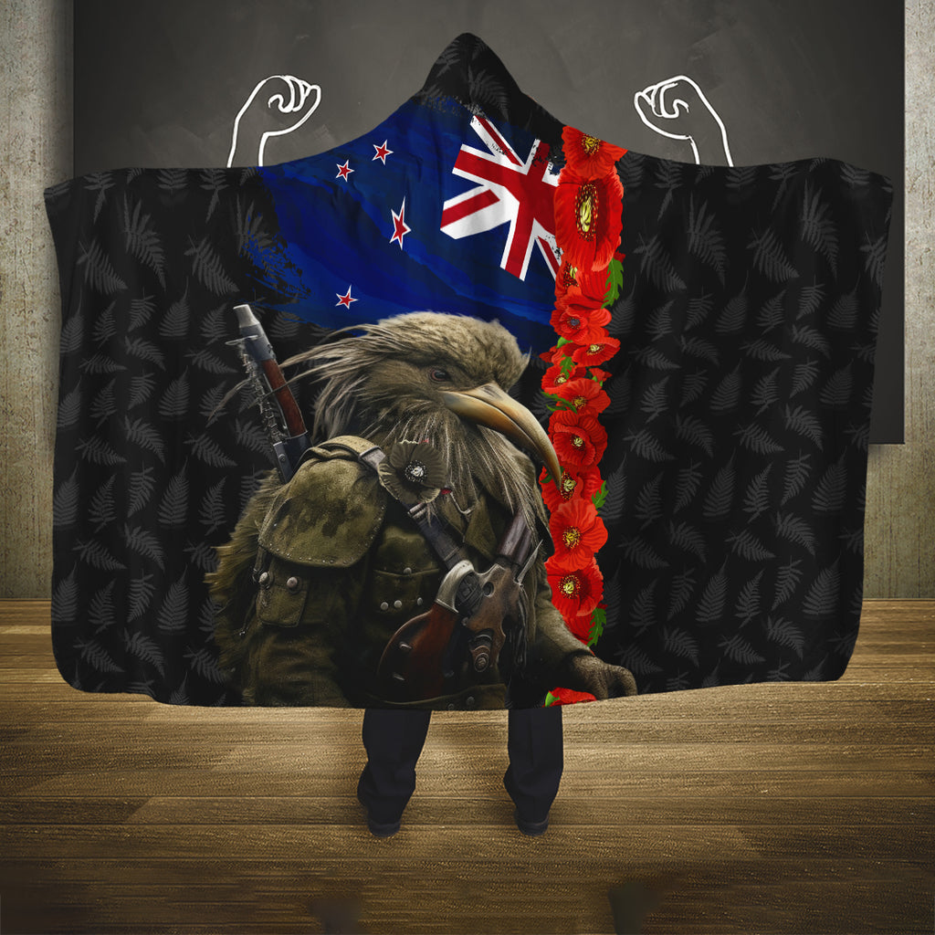 New Zealand Kiwi Soldier ANZAC Hooded Blanket Red Poppy Flower and Silver Fern Pattern