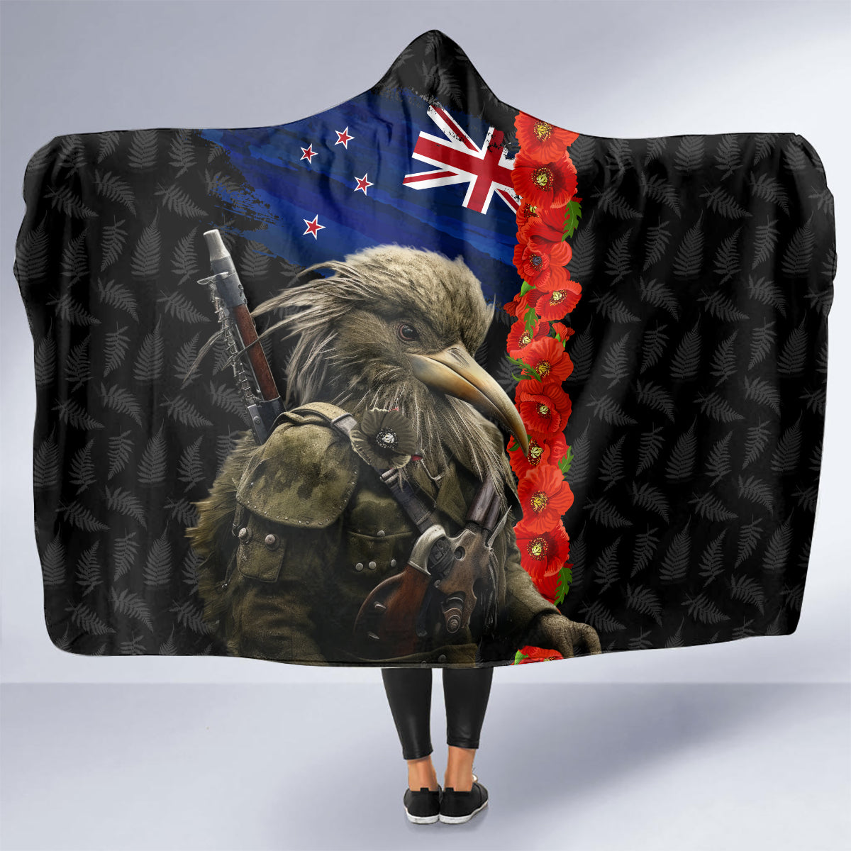 New Zealand Kiwi Soldier ANZAC Hooded Blanket Red Poppy Flower and Silver Fern Pattern