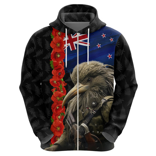 New Zealand Kiwi Soldier ANZAC Hoodie Red Poppy Flower and Silver Fern Pattern
