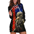 New Zealand Kiwi Soldier ANZAC Hoodie Dress Red Poppy Flower and Silver Fern Pattern