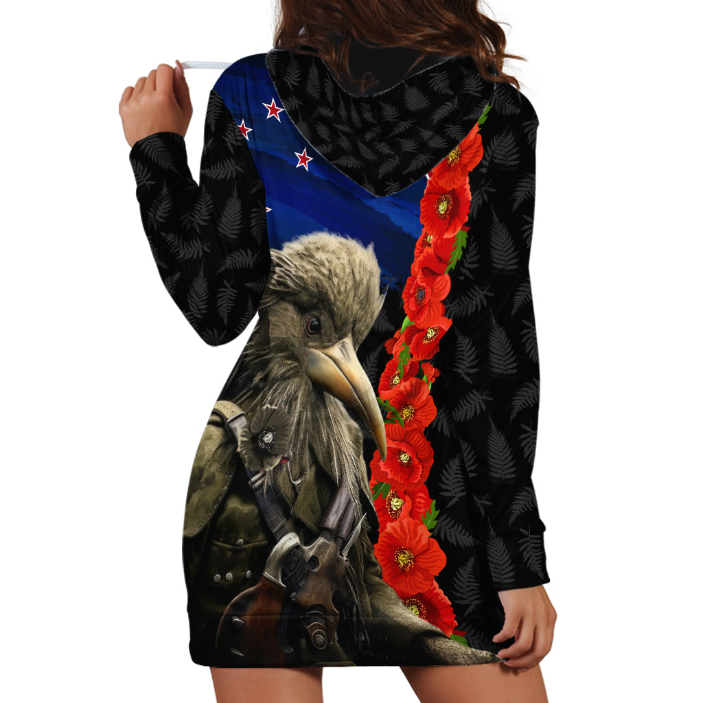 New Zealand Kiwi Soldier ANZAC Hoodie Dress Red Poppy Flower and Silver Fern Pattern