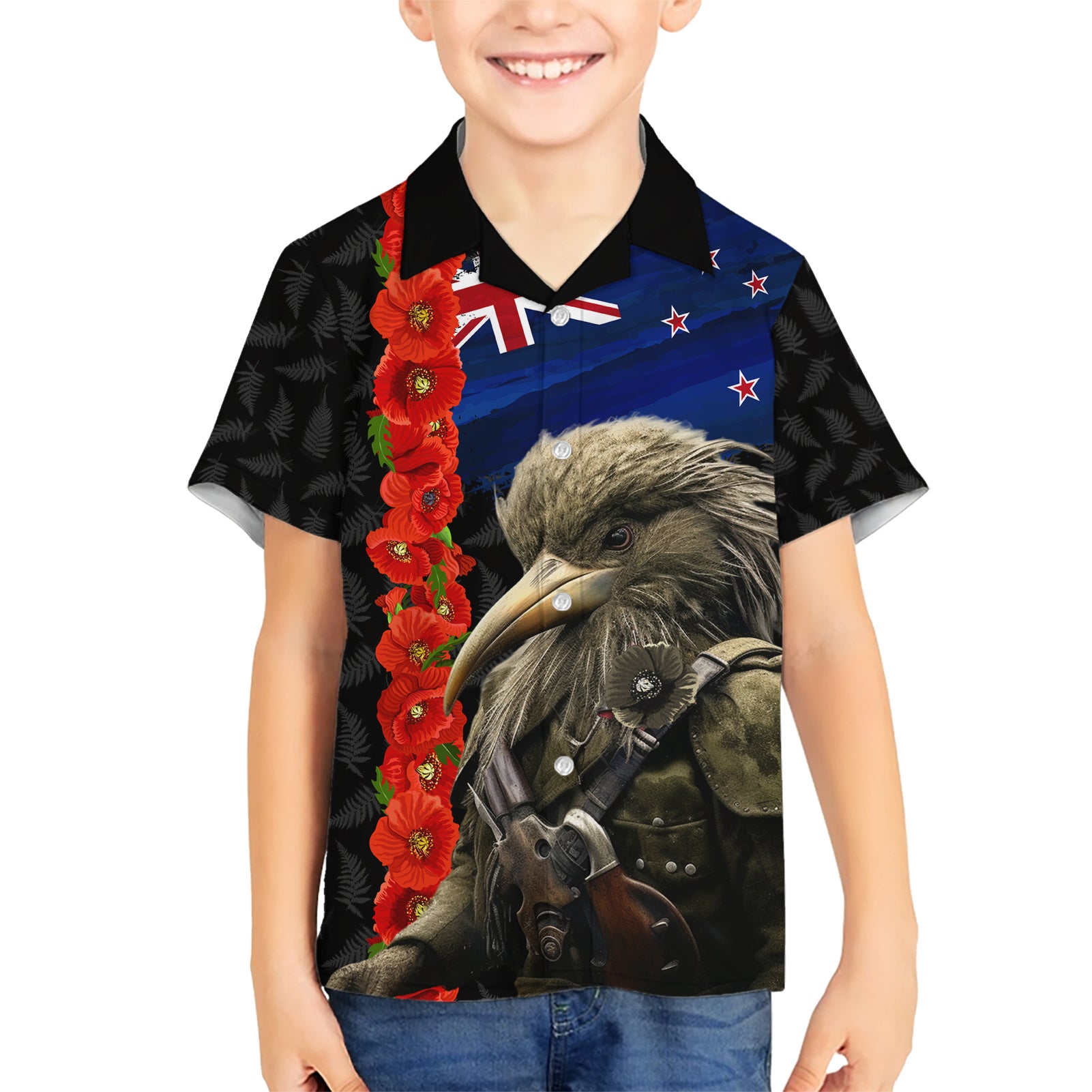 New Zealand Kiwi Soldier ANZAC Kid Hawaiian Shirt Red Poppy Flower and Silver Fern Pattern