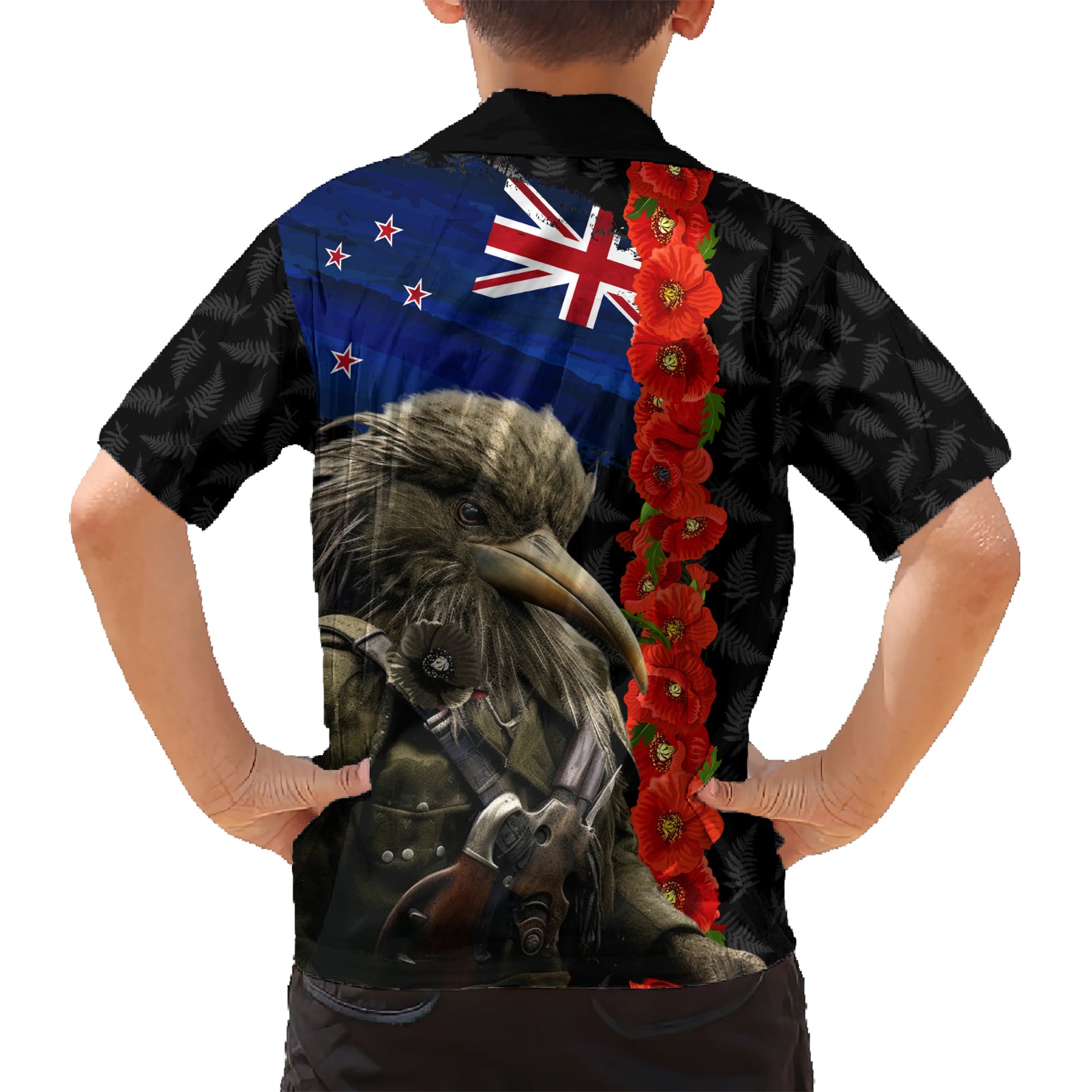 New Zealand Kiwi Soldier ANZAC Kid Hawaiian Shirt Red Poppy Flower and Silver Fern Pattern
