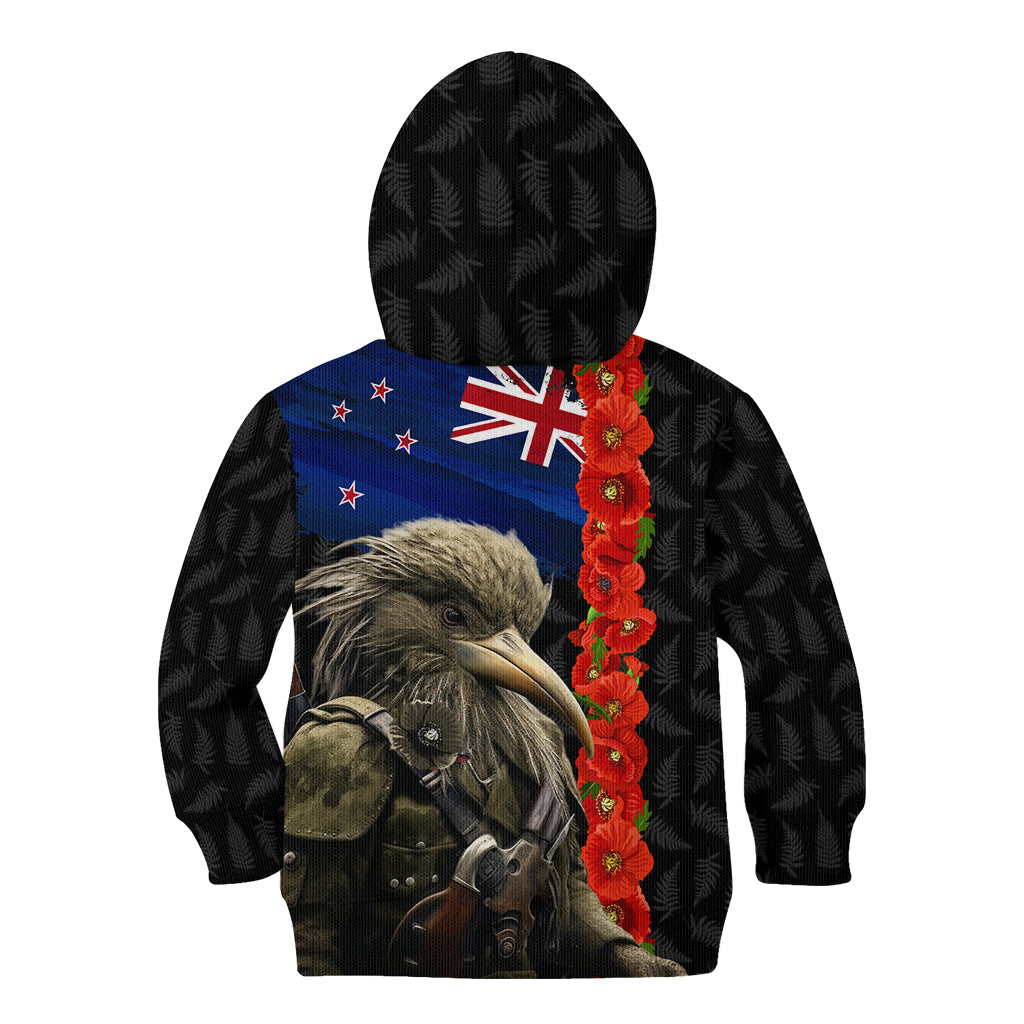 New Zealand Kiwi Soldier ANZAC Kid Hoodie Red Poppy Flower and Silver Fern Pattern