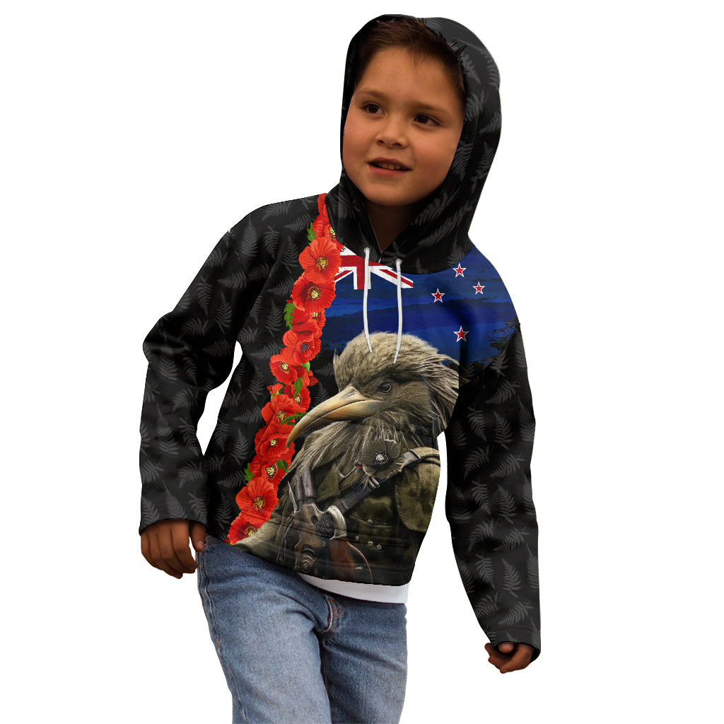 New Zealand Kiwi Soldier ANZAC Kid Hoodie Red Poppy Flower and Silver Fern Pattern