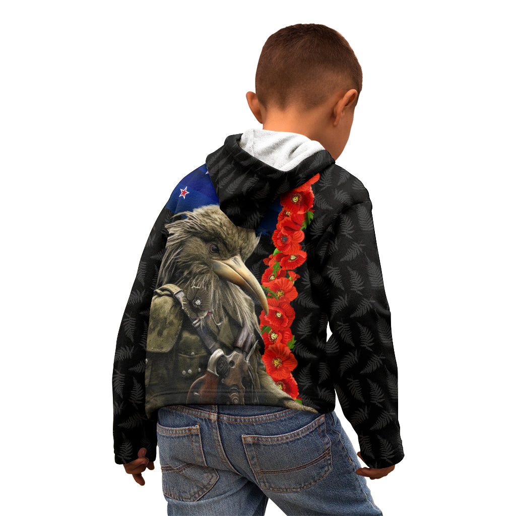 New Zealand Kiwi Soldier ANZAC Kid Hoodie Red Poppy Flower and Silver Fern Pattern