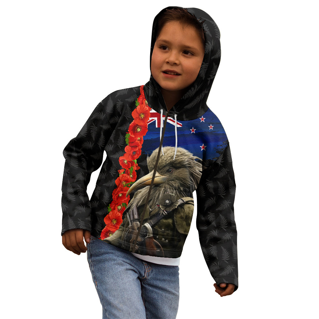 New Zealand Kiwi Soldier ANZAC Kid Hoodie Red Poppy Flower and Silver Fern Pattern