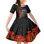 New Zealand Kiwi Soldier ANZAC Kid Short Sleeve Dress Red Poppy Flower and Silver Fern Pattern