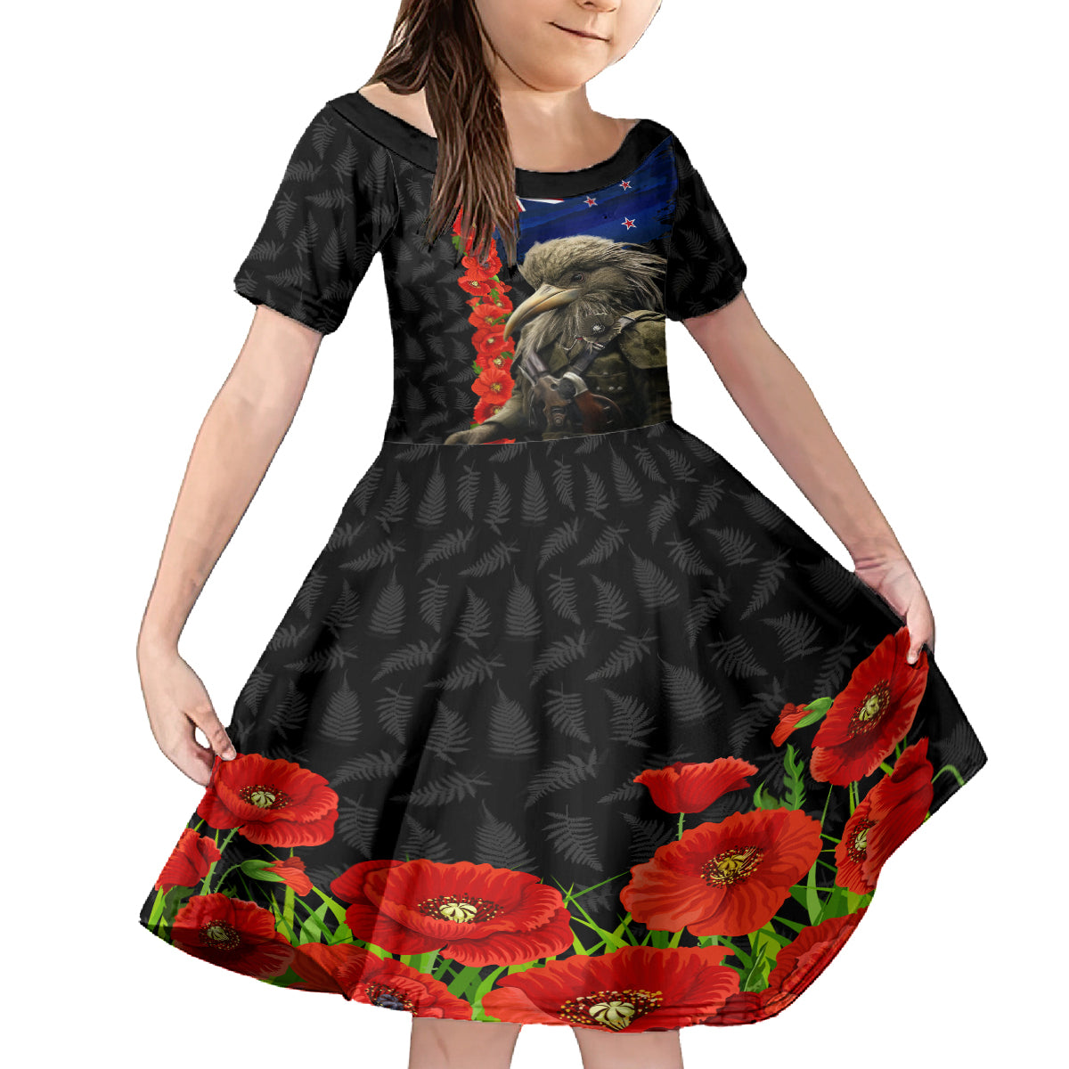 New Zealand Kiwi Soldier ANZAC Kid Short Sleeve Dress Red Poppy Flower and Silver Fern Pattern