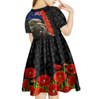 New Zealand Kiwi Soldier ANZAC Kid Short Sleeve Dress Red Poppy Flower and Silver Fern Pattern