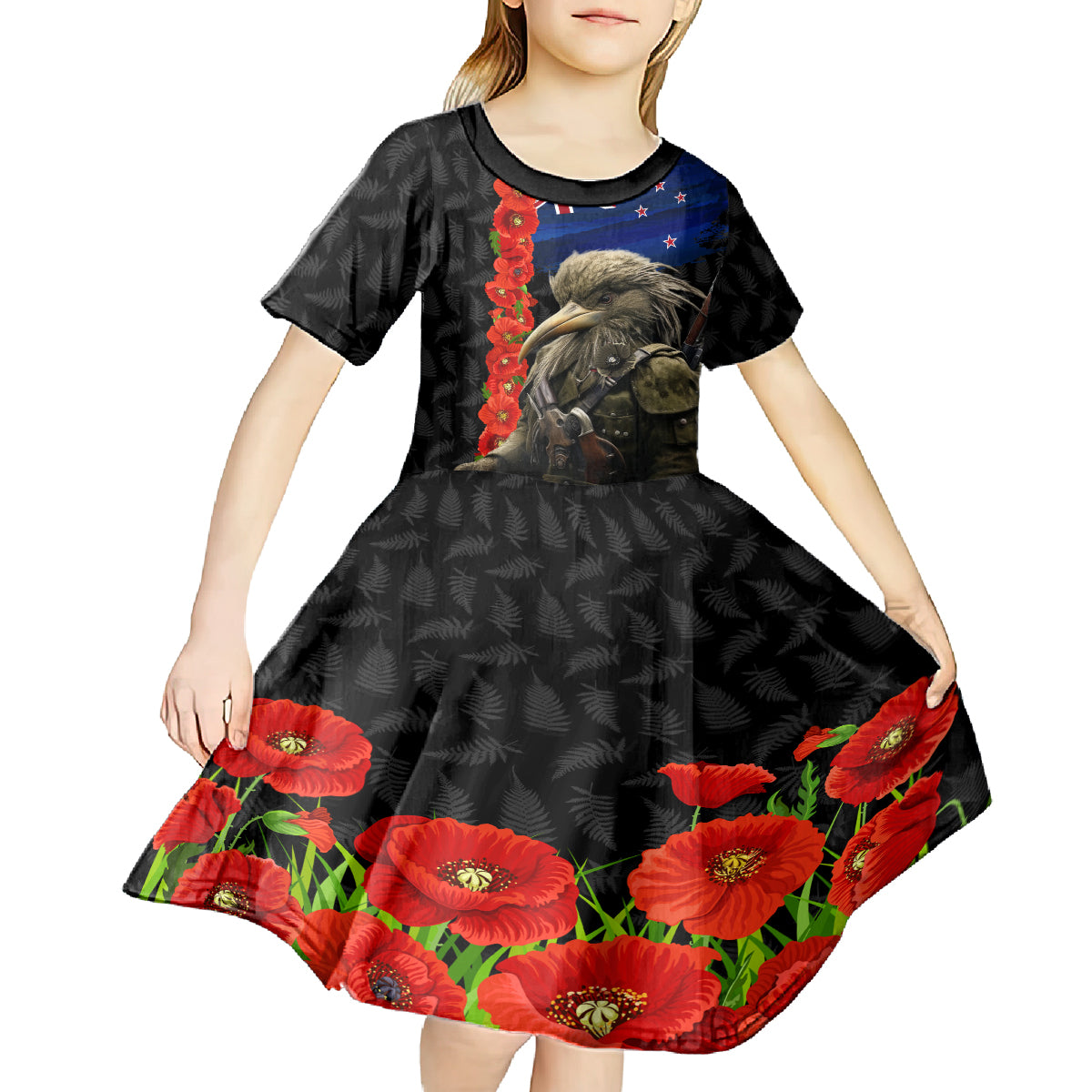 New Zealand Kiwi Soldier ANZAC Kid Short Sleeve Dress Red Poppy Flower and Silver Fern Pattern