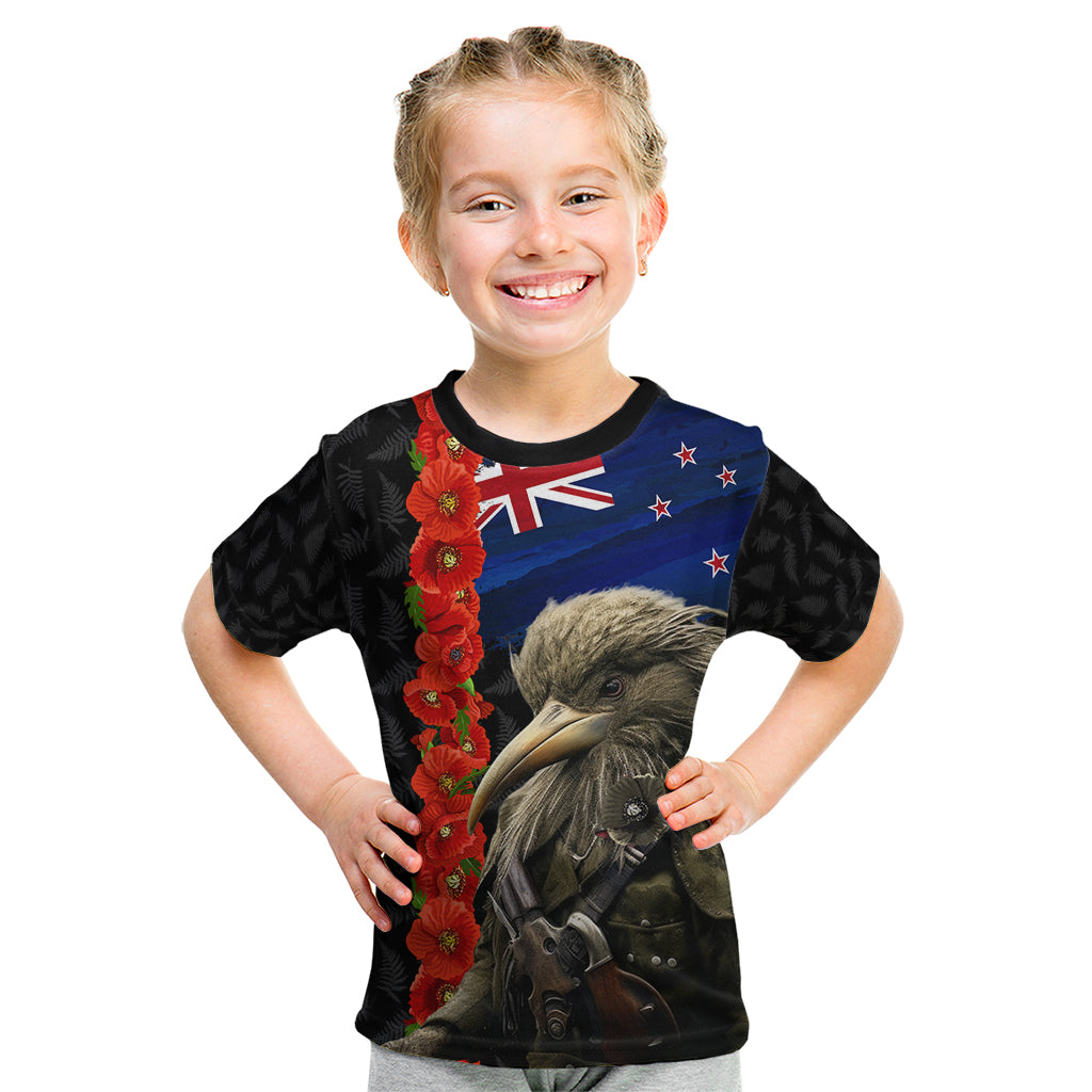 New Zealand Kiwi Soldier ANZAC Kid T Shirt Red Poppy Flower and Silver Fern Pattern