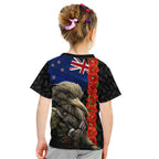 New Zealand Kiwi Soldier ANZAC Kid T Shirt Red Poppy Flower and Silver Fern Pattern