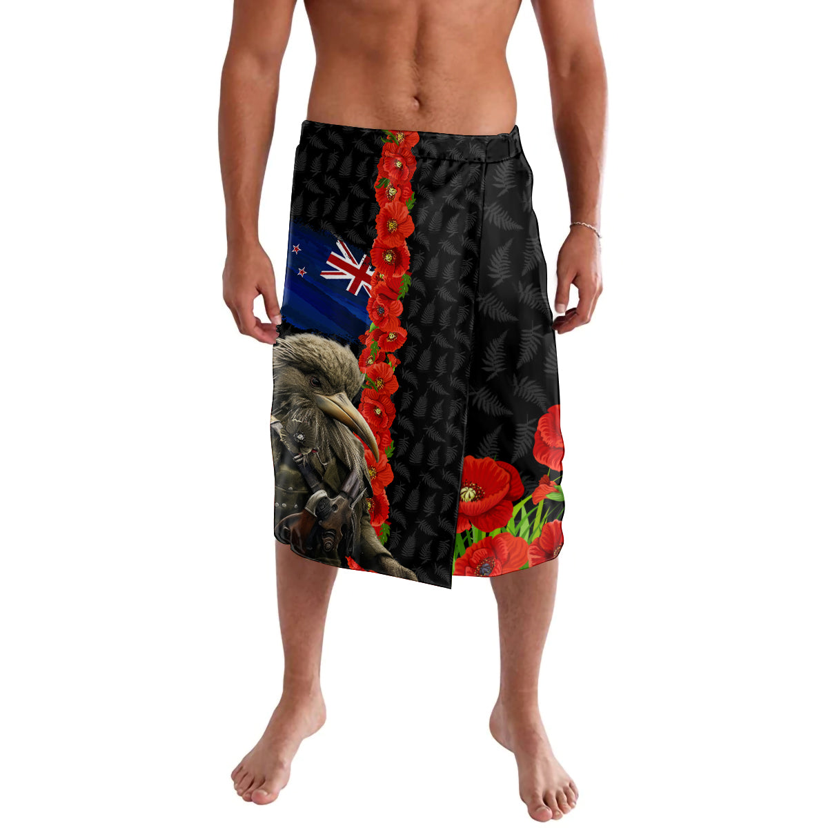 New Zealand Kiwi Soldier ANZAC Lavalava Red Poppy Flower and Silver Fern Pattern
