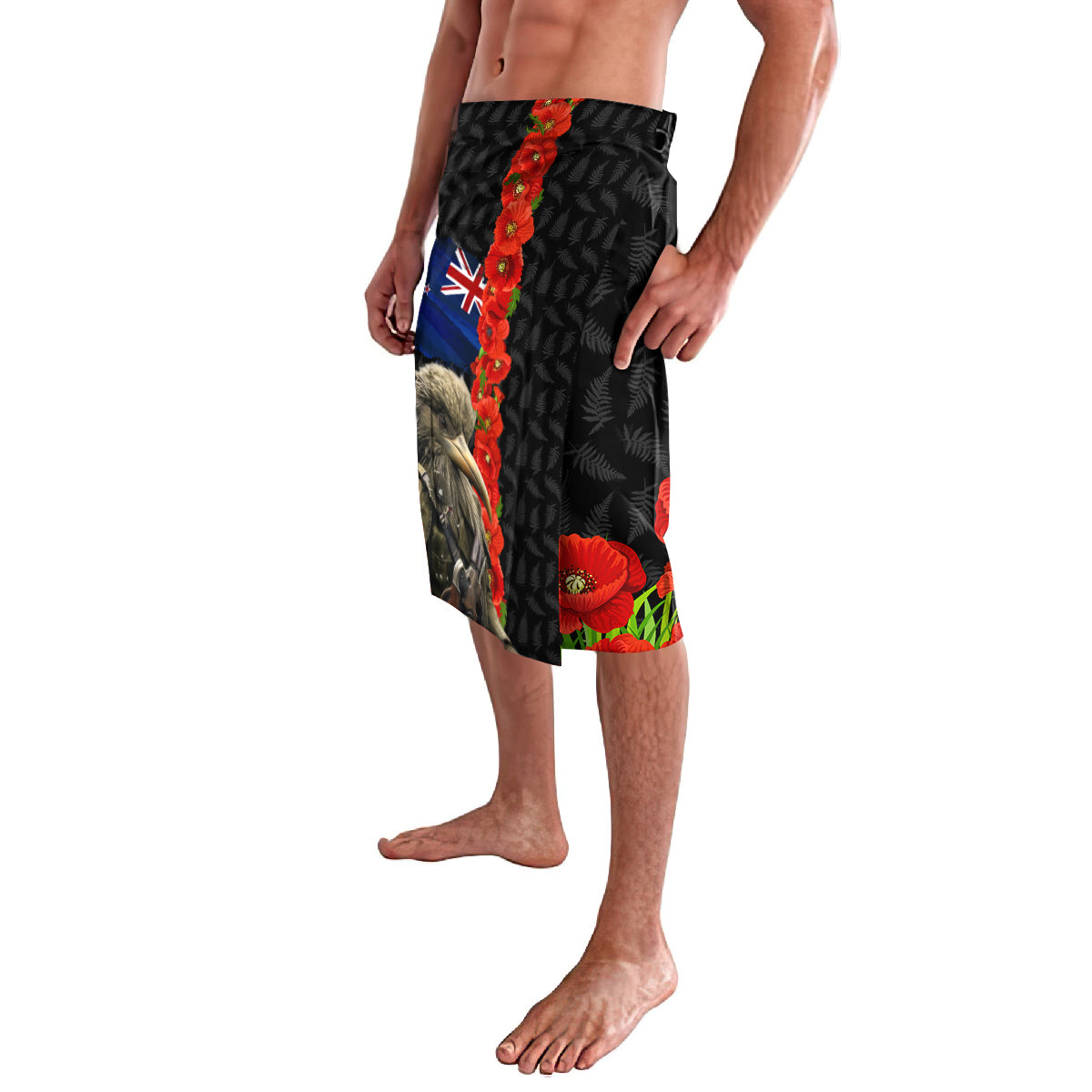 New Zealand Kiwi Soldier ANZAC Lavalava Red Poppy Flower and Silver Fern Pattern