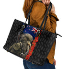 New Zealand Kiwi Soldier ANZAC Leather Tote Bag Red Poppy Flower and Silver Fern Pattern