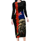 New Zealand Kiwi Soldier ANZAC Long Sleeve Bodycon Dress Red Poppy Flower and Silver Fern Pattern