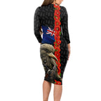 New Zealand Kiwi Soldier ANZAC Long Sleeve Bodycon Dress Red Poppy Flower and Silver Fern Pattern
