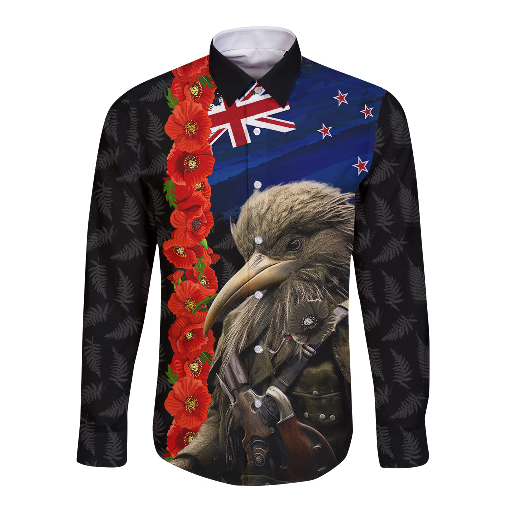 New Zealand Kiwi Soldier ANZAC Long Sleeve Button Shirt Red Poppy Flower and Silver Fern Pattern
