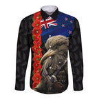 New Zealand Kiwi Soldier ANZAC Long Sleeve Button Shirt Red Poppy Flower and Silver Fern Pattern