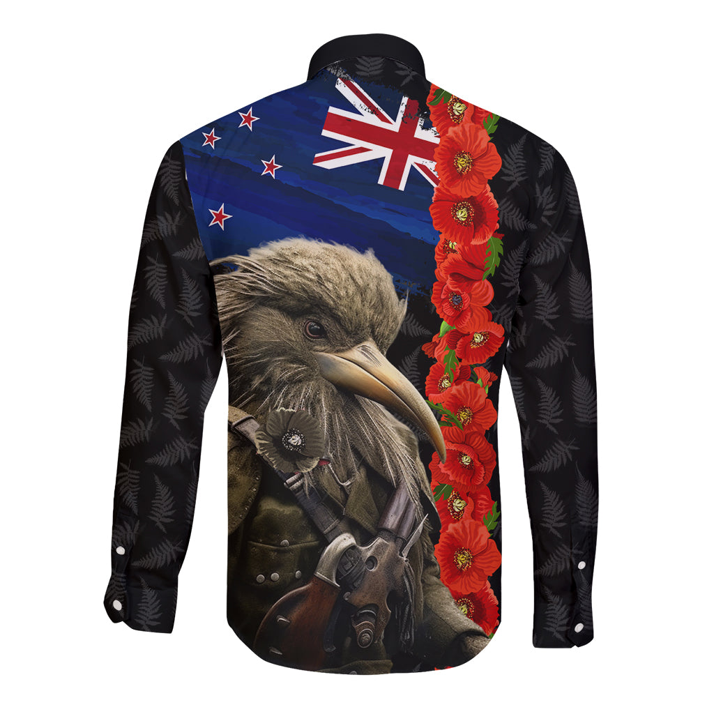 New Zealand Kiwi Soldier ANZAC Long Sleeve Button Shirt Red Poppy Flower and Silver Fern Pattern