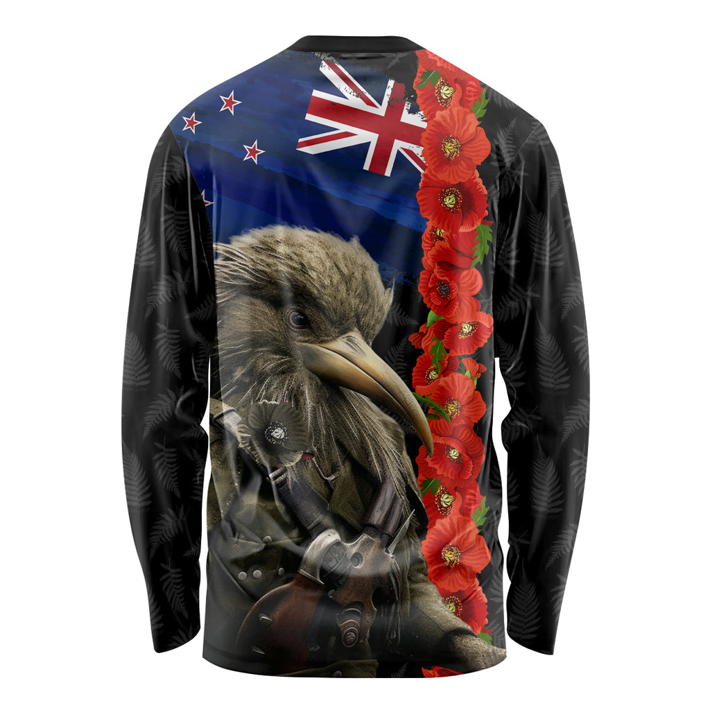 New Zealand Kiwi Soldier ANZAC Long Sleeve Shirt Red Poppy Flower and Silver Fern Pattern