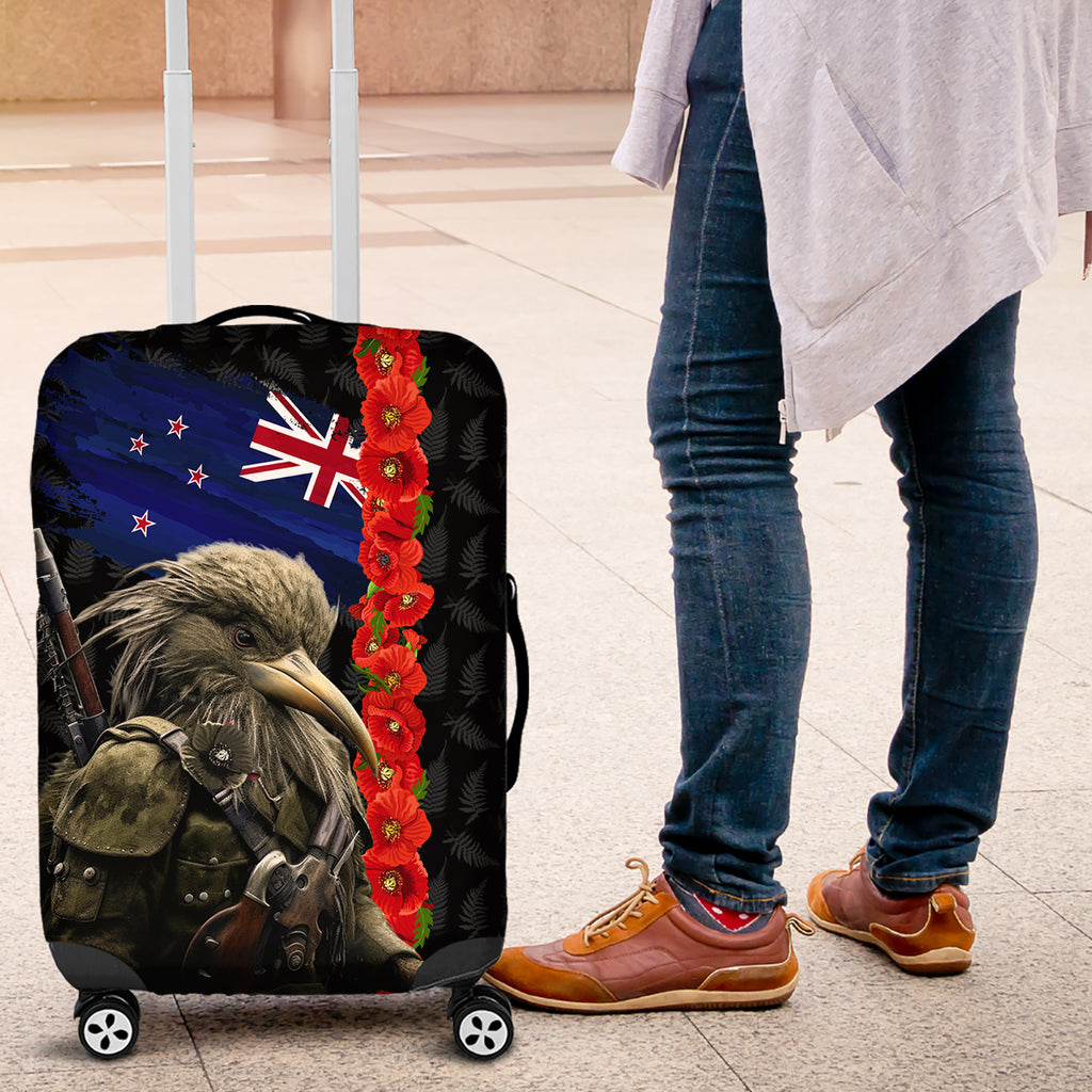 New Zealand Kiwi Soldier ANZAC Luggage Cover Red Poppy Flower and Silver Fern Pattern