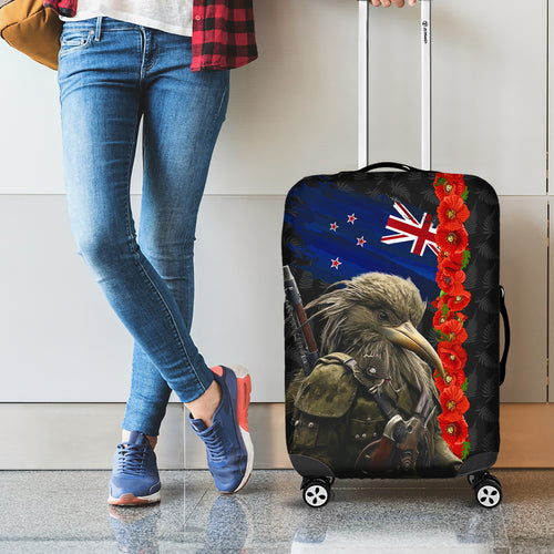 New Zealand Kiwi Soldier ANZAC Luggage Cover Red Poppy Flower and Silver Fern Pattern