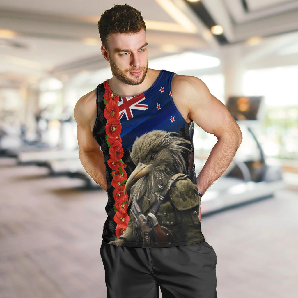 New Zealand Kiwi Soldier ANZAC Men Tank Top Red Poppy Flower and Silver Fern Pattern