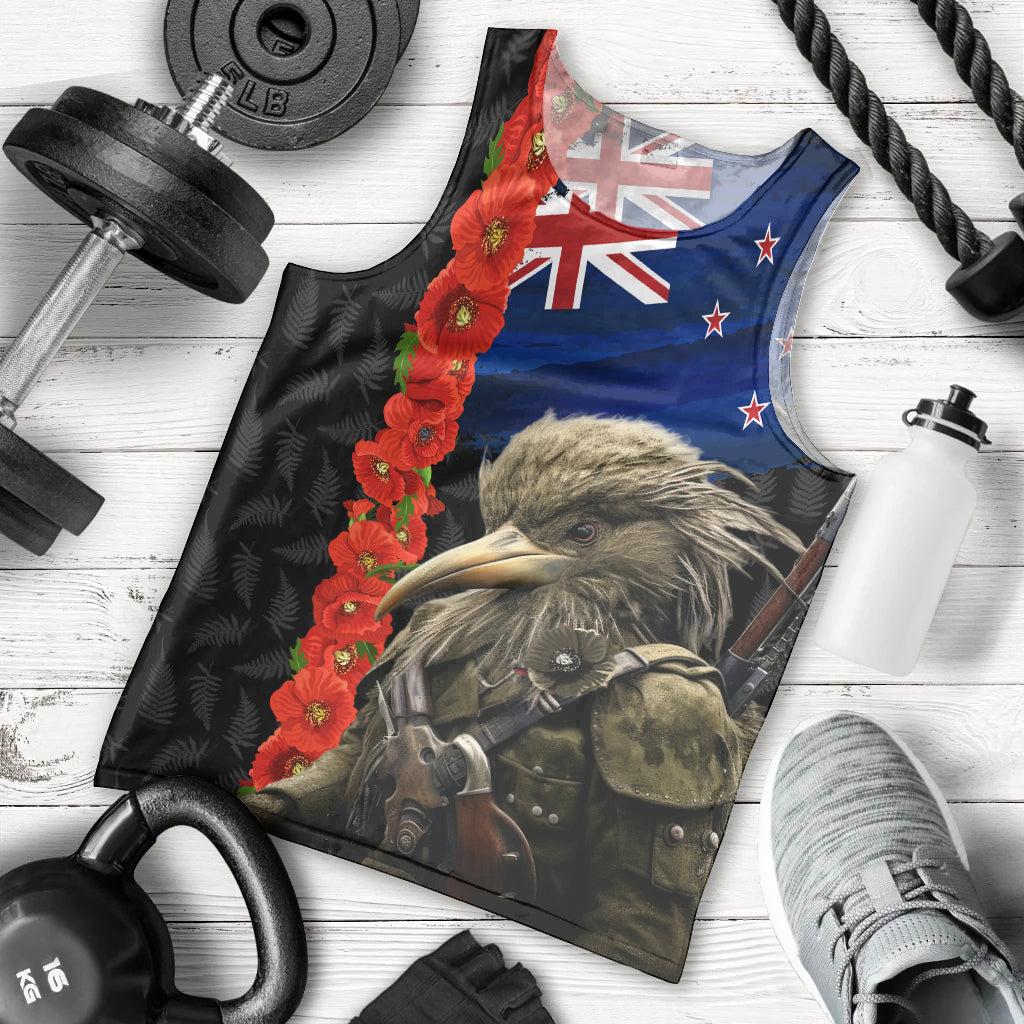 New Zealand Kiwi Soldier ANZAC Men Tank Top Red Poppy Flower and Silver Fern Pattern