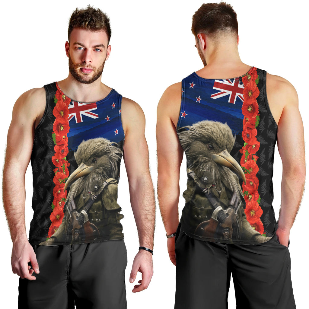 New Zealand Kiwi Soldier ANZAC Men Tank Top Red Poppy Flower and Silver Fern Pattern