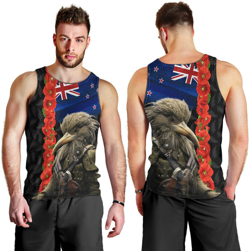 New Zealand Kiwi Soldier ANZAC Men Tank Top Red Poppy Flower and Silver Fern Pattern