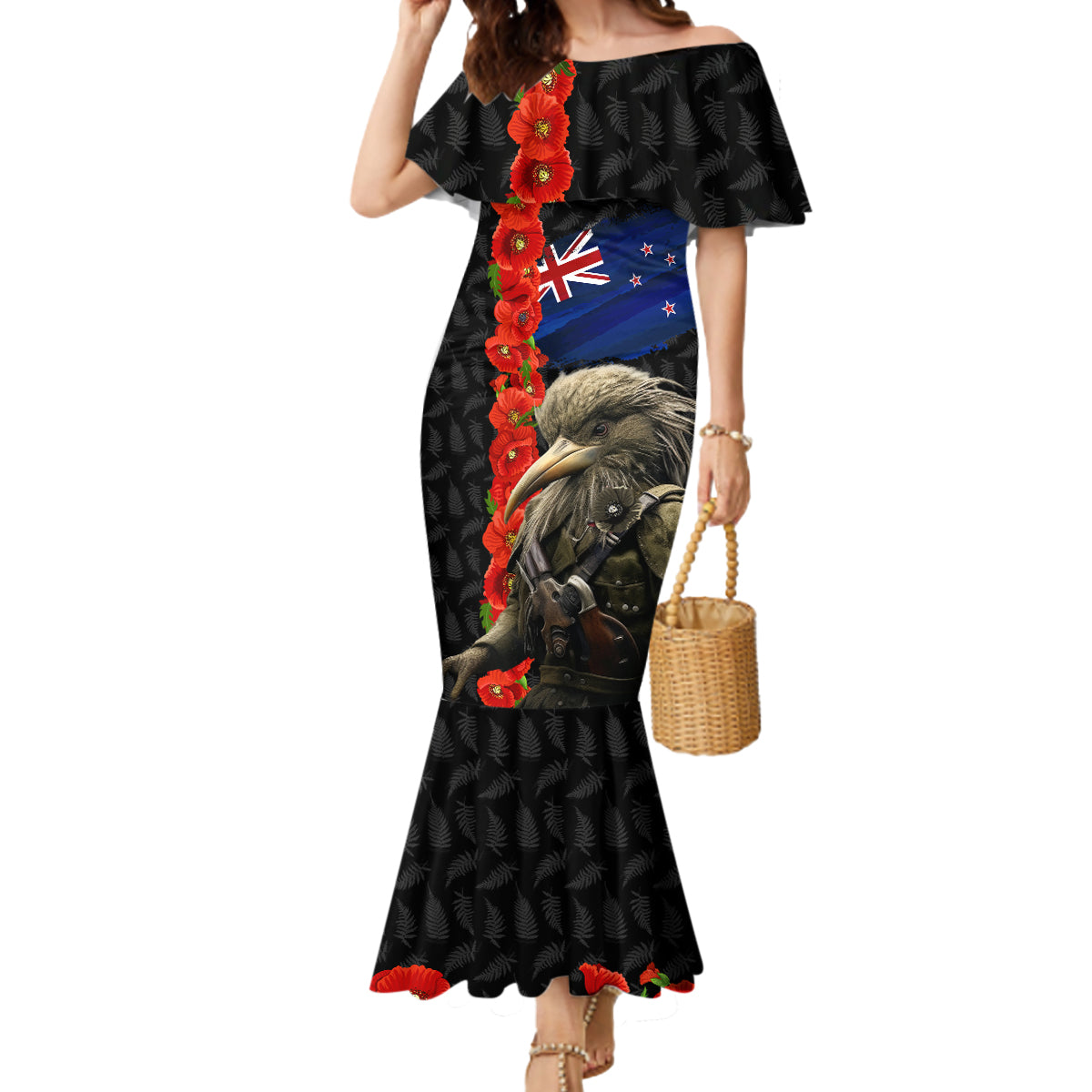 New Zealand Kiwi Soldier ANZAC Mermaid Dress Red Poppy Flower and Silver Fern Pattern