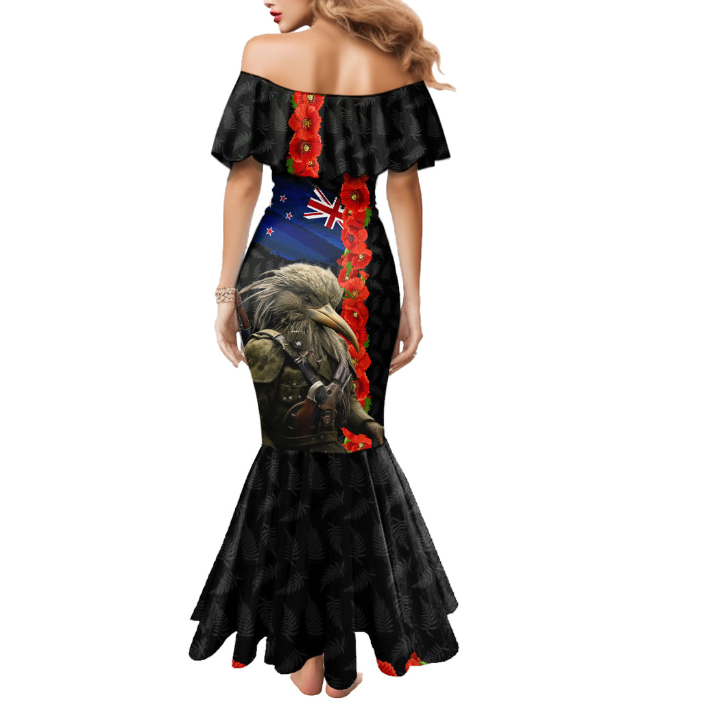 New Zealand Kiwi Soldier ANZAC Mermaid Dress Red Poppy Flower and Silver Fern Pattern