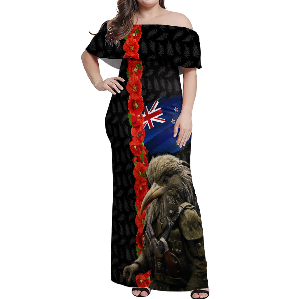 New Zealand Kiwi Soldier ANZAC Off Shoulder Maxi Dress Red Poppy Flower and Silver Fern Pattern