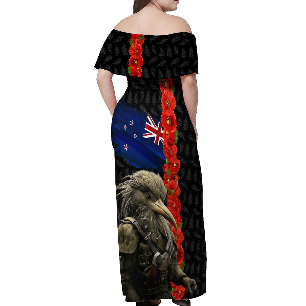New Zealand Kiwi Soldier ANZAC Off Shoulder Maxi Dress Red Poppy Flower and Silver Fern Pattern