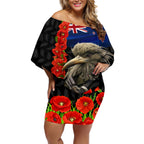 New Zealand Kiwi Soldier ANZAC Off Shoulder Short Dress Red Poppy Flower and Silver Fern Pattern