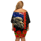 New Zealand Kiwi Soldier ANZAC Off Shoulder Short Dress Red Poppy Flower and Silver Fern Pattern