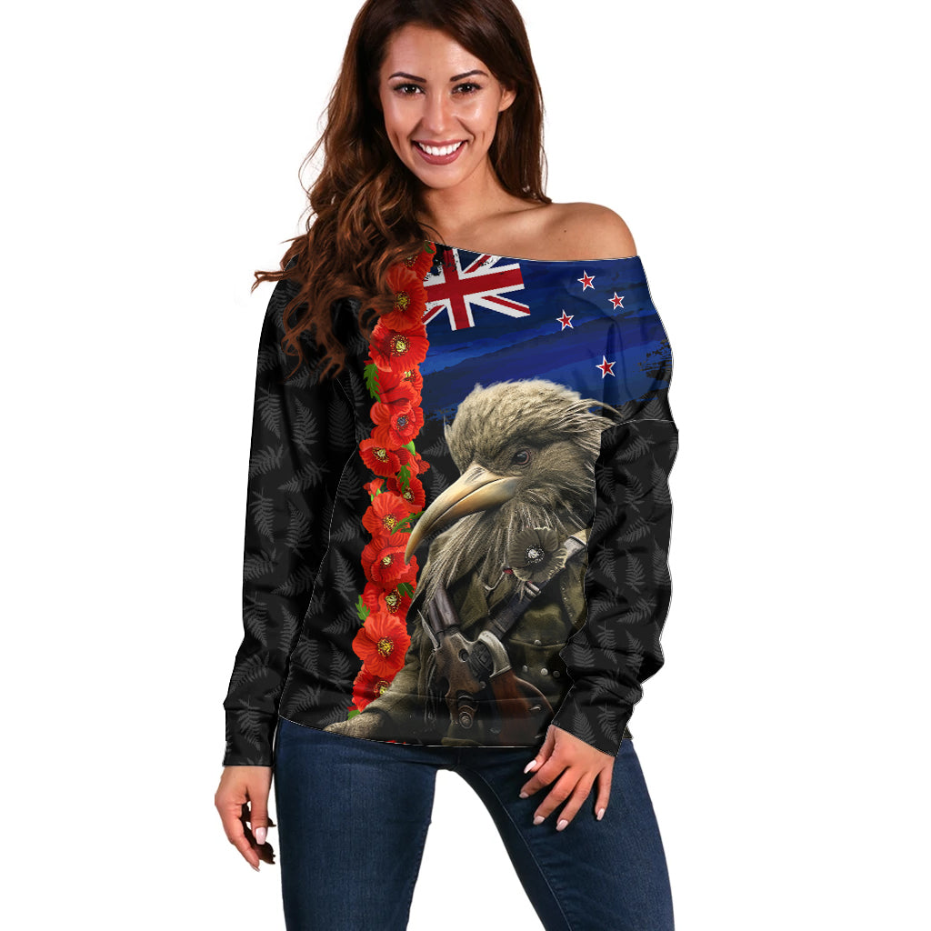 New Zealand Kiwi Soldier ANZAC Off Shoulder Sweater Red Poppy Flower and Silver Fern Pattern