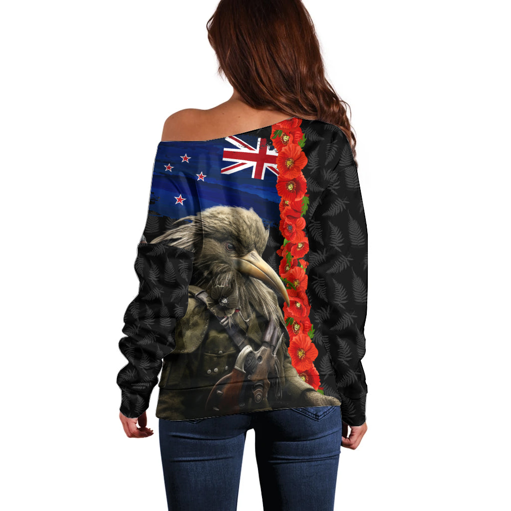 New Zealand Kiwi Soldier ANZAC Off Shoulder Sweater Red Poppy Flower and Silver Fern Pattern