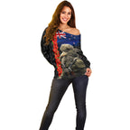New Zealand Kiwi Soldier ANZAC Off Shoulder Sweater Red Poppy Flower and Silver Fern Pattern