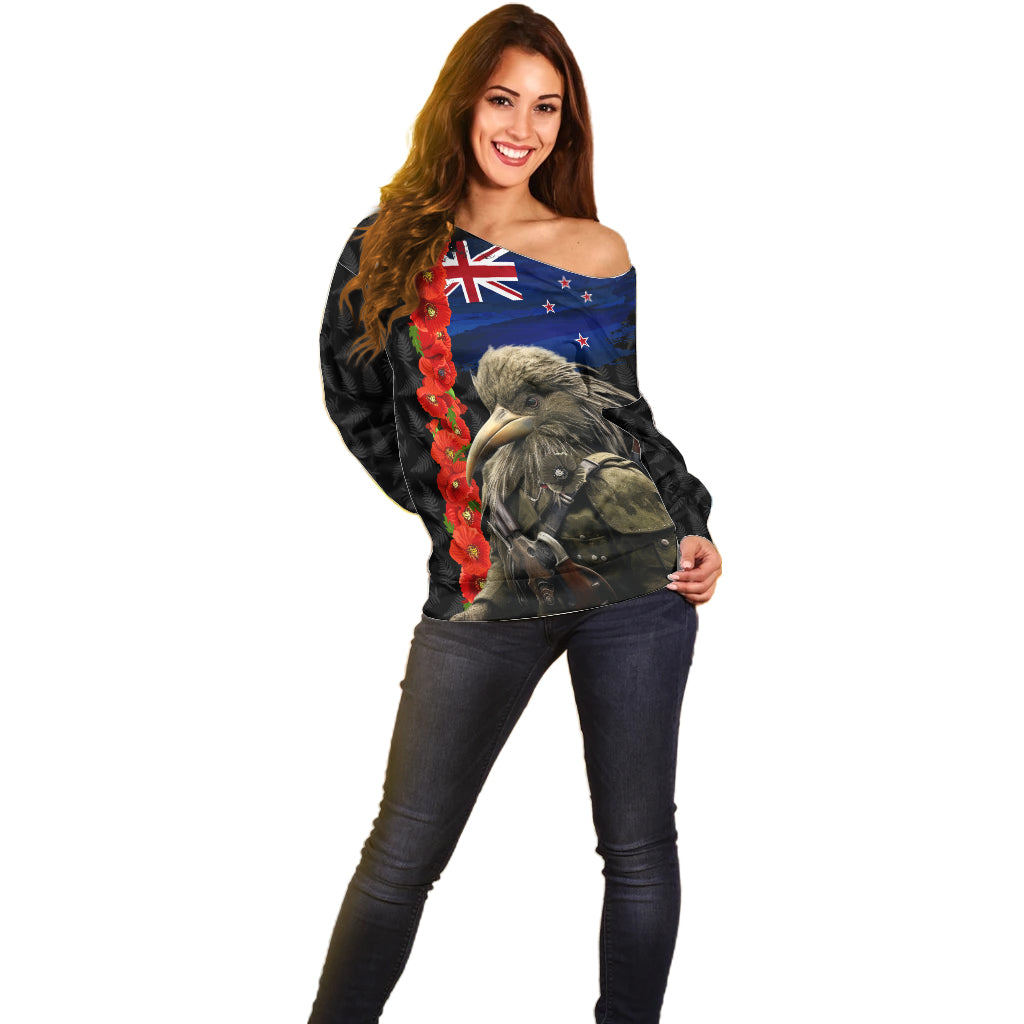 New Zealand Kiwi Soldier ANZAC Off Shoulder Sweater Red Poppy Flower and Silver Fern Pattern