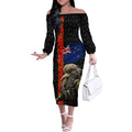 New Zealand Kiwi Soldier ANZAC Off The Shoulder Long Sleeve Dress Red Poppy Flower and Silver Fern Pattern