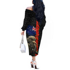 New Zealand Kiwi Soldier ANZAC Off The Shoulder Long Sleeve Dress Red Poppy Flower and Silver Fern Pattern